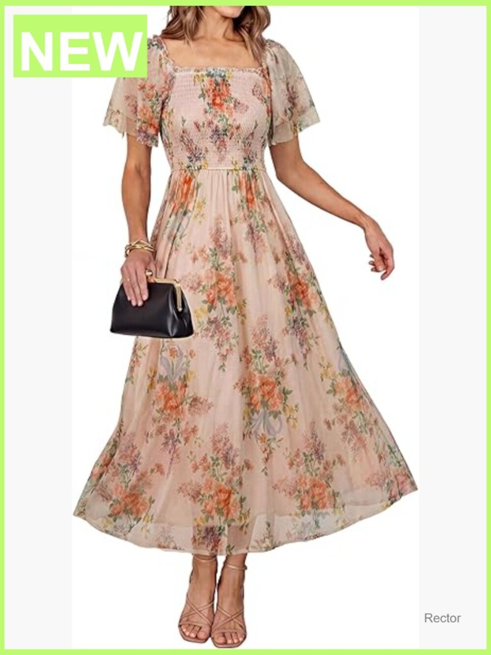 Square Neck Smocked Boho Flowy Maxi Dress Mesh Short Sleeve Wedding Guest